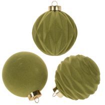 Artikel Julgranskula, sammetslook, grön, texturblandning, 8 cm, 12 stycken, flockad julkula, mossgrön, plastkulor, mossgrön flockad, bomullssnören ingår till varje kula