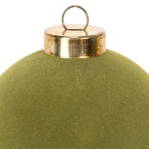 Artikel Julgranskula, sammetslook, grön, texturblandning, 8 cm, 12 stycken, flockad julkula, mossgrön, plastkulor, mossgrön flockad, bomullssnören ingår till varje kula