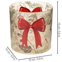 Artikel Ljusstake i glas med rött band och vintergrenar, 15 cm