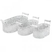Artikel Skålar för plantering, dekorativ kruka med spetsdekor, metallkärl med handtag, oval vit, silver Shabby Chic L25.5 / 20 / 15cm H7cm set om 3