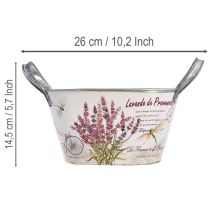 Artikel Oval blomskål i metall med handtag, lavendel, 26×13×14,5 cm