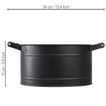 Artikel Oval blomkruka i metall med handtag, svart och naturlig finish, 34x19,5x15cm