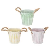 Artikel Dekorativ kruka, metallhink för plantering, planteringslåda med handtag, rosa/grön/gul shabby chic Ø15cm H13cm 3-delat set