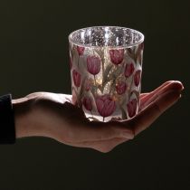 Artikel Dekorativ glaslykta med tulpanmotiv för vårinredning i hemmet, 8 cm, 4 stycken.