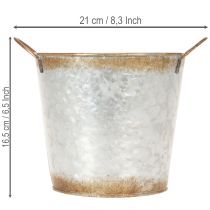 Artikel Dekorativ kruka med handtag, planteringshink, metallbehållare, silver, väderbitet stål, Ø17cm H16,5cm