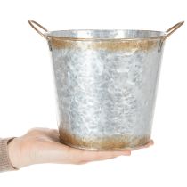 Artikel Dekorativ kruka med handtag, planteringshink, metallbehållare, silver, väderbitet stål, Ø17cm H16,5cm