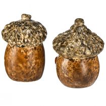Artikel Keramiskt ekollon hus dekorativa ekollon med hjärtmotiv brun 6cm - höstbordsdekoration - 6 st