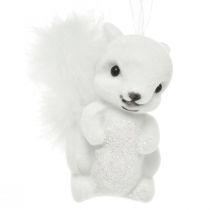 Artikel Vita ekorre 6 cm berlocker med glitter och fjäderdetalj - perfekt för festlig julgransdekoration - paket med 2