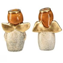 Artikel Charmig ängladuo gjord av keramik i krämvit med guldaccenter - 8,6 cm - Himmelska dekorativa figurer - 2 st
