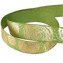 Artikel Presentband med gyllene rosor Grönt smyckesband 25mm 15m