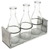 Artikel Rustik flaska i trästöd - 3 glasflaskor, gråvit, 24x8x20 cm - Mångsidig för dekoration