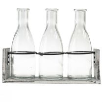 Artikel Rustik flaska i trästöd - 3 glasflaskor, gråvit, 24x8x20 cm - Mångsidig för dekoration