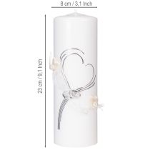 Artikel Festligt bröllopsljus med snygg hjärtdesign, silverdekorationer och organzaband – perfekt för bröllop och silverbröllopsdagar, 230/80 mm