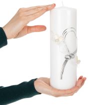 Artikel Festligt bröllopsljus med snygg hjärtdesign, silverdekorationer och organzaband – perfekt för bröllop och silverbröllopsdagar, 230/80 mm