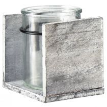Artikel Glasljushållare i rustik träram – grå och vit, 10x9x10cm – Charmig bordsdekoration