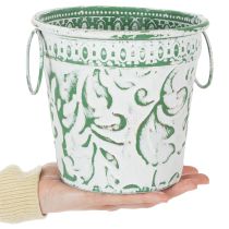 Artikel Metallkrukor med handtag, krukor med prägling, vita, gröna, shabby chic, H20,5/18,5/16cm, Ø25,5/20,5/15,5cm, set om 3