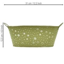 Artikel Oval metallskål med stjärnor och handtag, grön, 31×16 cm, H12,5 cm