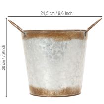Artikel Metallplanter, blomskål, växtkruka med silverhandtag, väderbiten stålfinish, Ø18cm H20cm