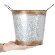 Artikel Metallplanter, blomskål, växtkruka med silverhandtag, väderbiten stålfinish, Ø18cm H20cm
