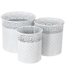 Artikel Kruka med spetsmönster, metallbehållare, dekorativ hink, vit, silver, shabby chic, H28/25,5/23,5 cm, Ø29,5/25,5/20 cm, set om 3