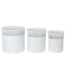 Artikel Kruka med spetsmönster, metallbehållare, dekorativ hink, vit, silver, shabby chic, H28/25,5/23,5 cm, Ø29,5/25,5/20 cm, set om 3