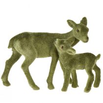Artikel Rådjur dekorativa figurer Julgrönt flockade rådjur med fawn i ett set H9/5,5cm 4 stycken