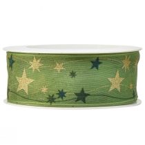 Artikel Julband med stjärnor presentband grönt med trådkant 40mm 15m