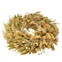 Artikel Dekorativ torkad krans med teasels och hirs i gul-olivgrönt, naturlig lantlig stil, Ø28cm, mångsidig vägg- och bordsdekoration