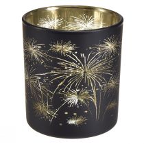 Artikel Elegant glaslykta med fyrverkeridesign - svart och guld, 9 cm - idealisk dekoration för festliga tillfällen - förpackning om 6