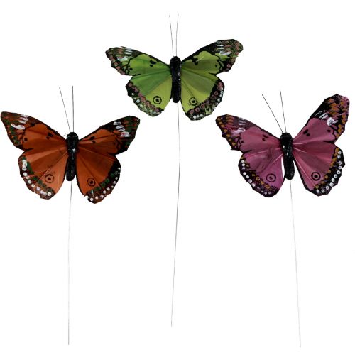Artikel Dekorativa fjärilar på trådfjädrar grön rosa orange 6,5×10cm 12st