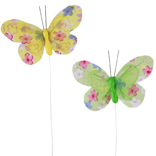 Floristik24 Dekorativa fjärilar på tråd gulgröna blommor 6×9cm 12st