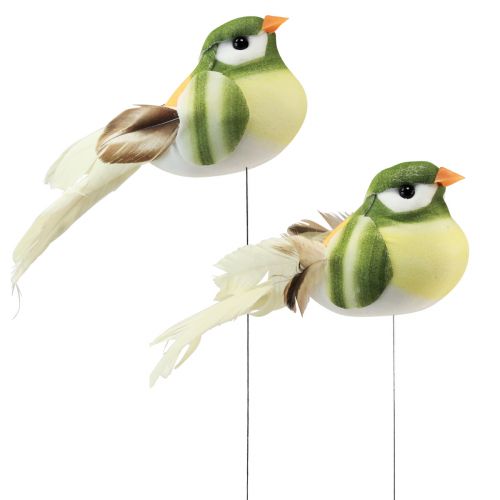 Fjäder fågel på tråd dekorativ fågel med fjädrar grön orange 4cm 12st