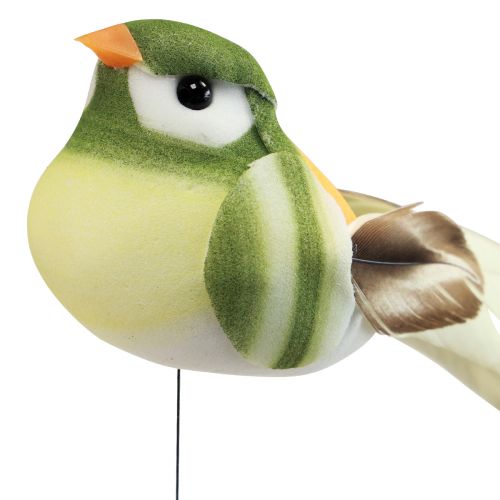 Artikel Fjäder fågel på tråd dekorativ fågel med fjädrar grön orange 4cm 12st