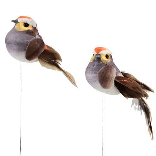 Fjäderfågel på tråd dekorativ fågel med fjädrar grå 4cm 12st