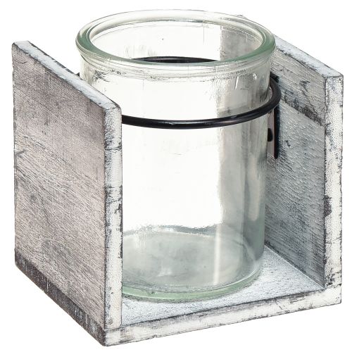 Artikel Värmeljushållare av glas i rustik träram - gråvit, 10x9x10cm - charmig bordsdekoration 3 st