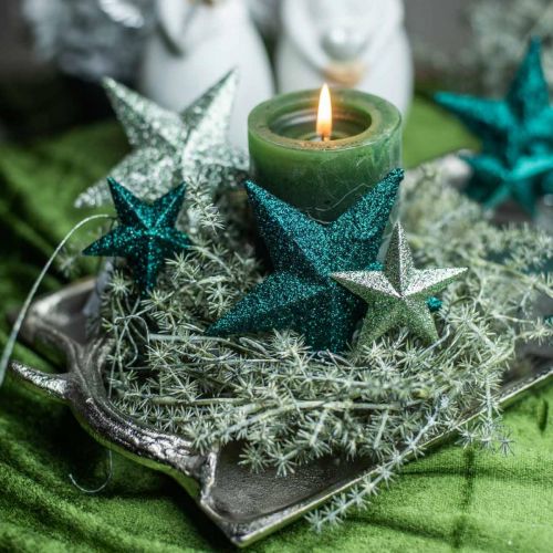 Floristik24 Glitterstjärnor att hänga smaragd/bensin Ø21cm 2st