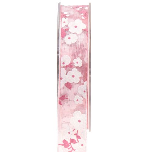 Organzaband rosa med blommor presentband 20mm 20m