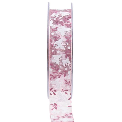 Organzaband fjäril presentband rosa 25mm 20m