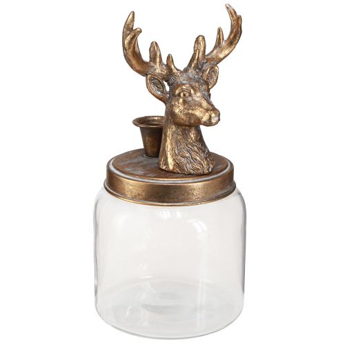 Antik ljusstake glas hjorthuvud guld metall 26cm