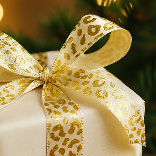 Artikel Band Leopardmönstrat Sidenband Krämfärgat Guld 15mm 18m