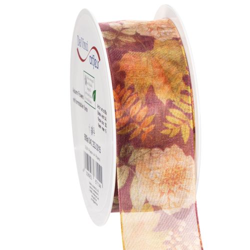 Presentband i höstfärger, organzaband med blommönster, 40mm, 15m