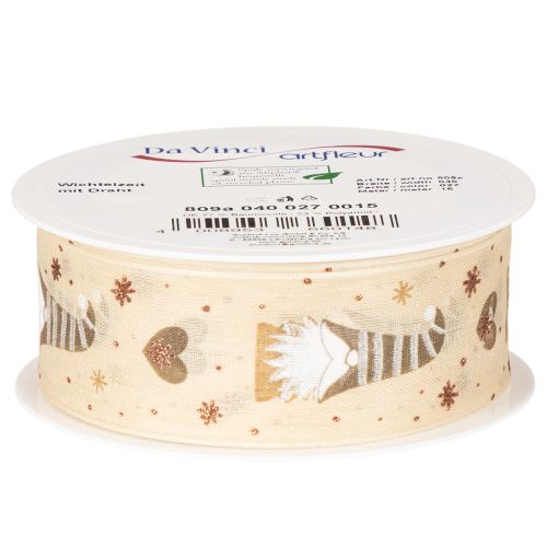 Dekorativt band med tomtar och hjärtan för presenter och pyssel, 40mm x 15m | Floristik24.se