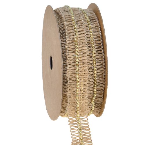 Juteband, dekorband med guldpärlor, jute, 17mm, 10m