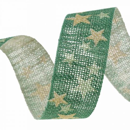Floristik24 Presentband rosettband med stjärnor grönt guld 25mm 15m