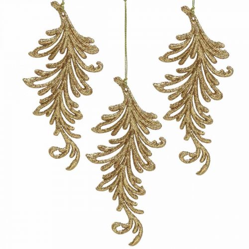 Artikel Trädhänge med glitter, dekorativa fjädrar att hänga, juldekoration Gyllene L16cm 6st