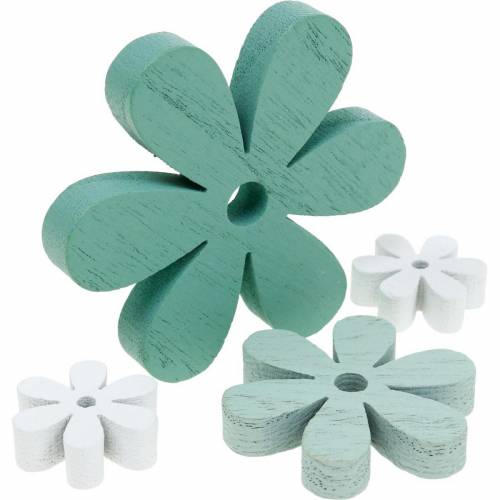 Floristik24 Scatter dekoration blomgröna, mint, vita träblommor för spridning 29 st