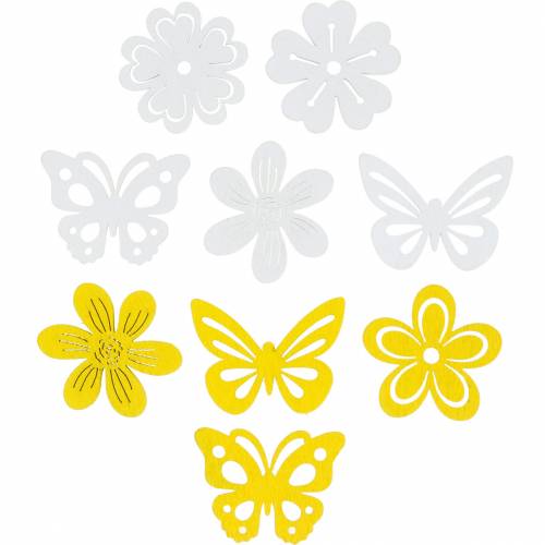 Blommor och fjärilar för att strö gul, vit träspridningsdekoration vårdekoration 72 st.