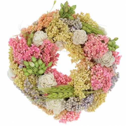 Dekorativ krans av torrt gräs och konstgjorda blommor färgade Ø20cm