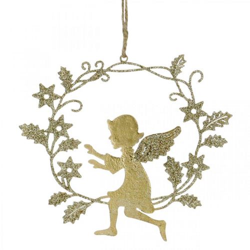 Ängelkrans, juldekoration, ängel att hänga, metallhängande Gyllene H14cm B15.5