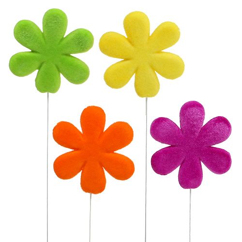 Blompinne blomma färgglad flockad Ø8,5cm 8 st